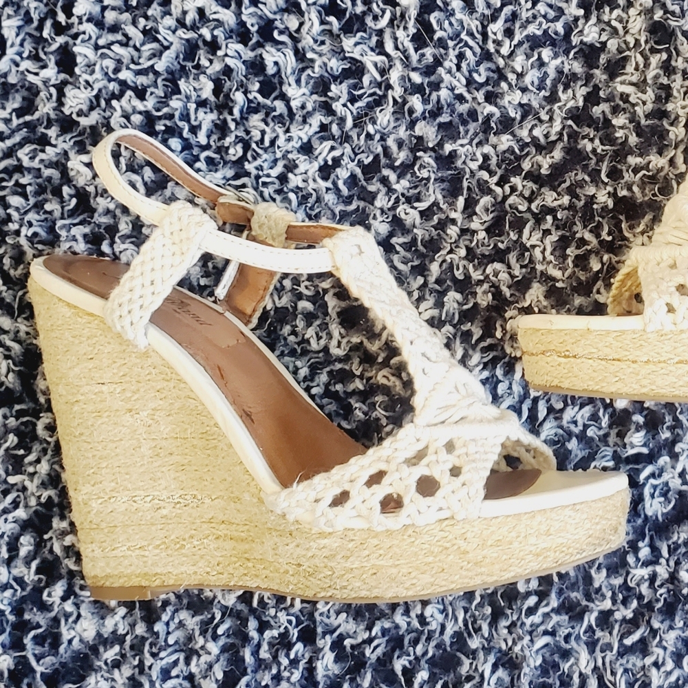Lucky Brand White Crochet Espadrille Wedge Sandals